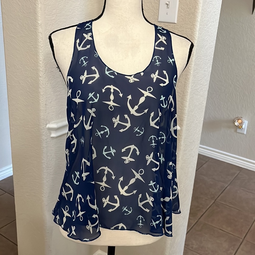 Ocean Drive navy blue sheer anchor print tank top Size M